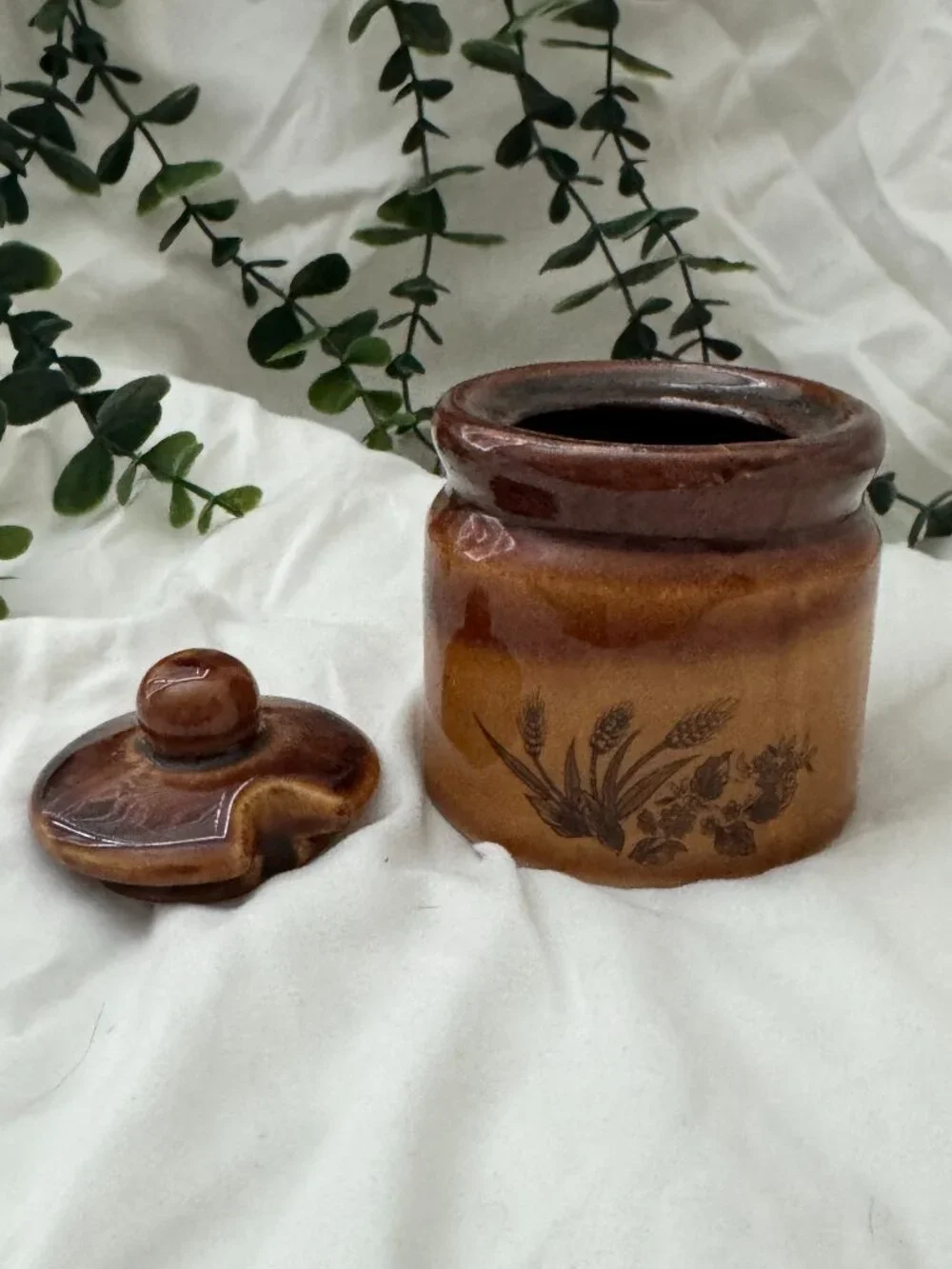 Vintage 1970s Brown Drip Glaze Ceramic Jam Pot / Sugar Crock with Lid